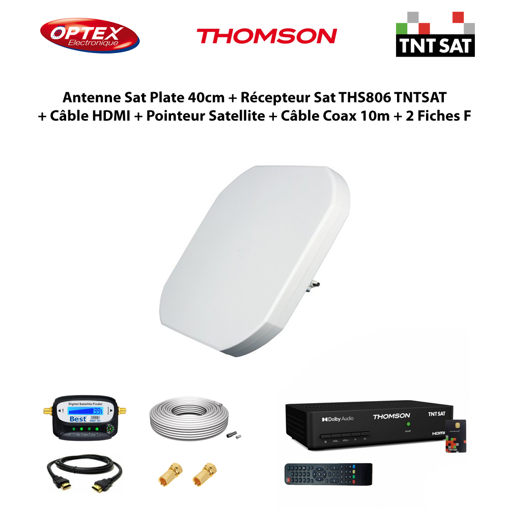 Antenne Satellite Plate 40cm + Récepteur Satellite HD THS806 TNTSAT + Câble HDMI + Pointeur Satellite + Câble Coax 10m + 2 Fiches F